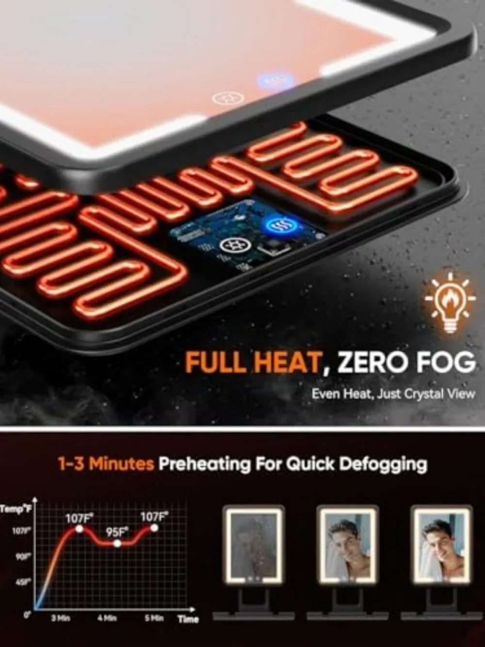 Fogless Heated Shower Mirror for Shaving - Dimmable Lights, Anti-Fog, No-Drill